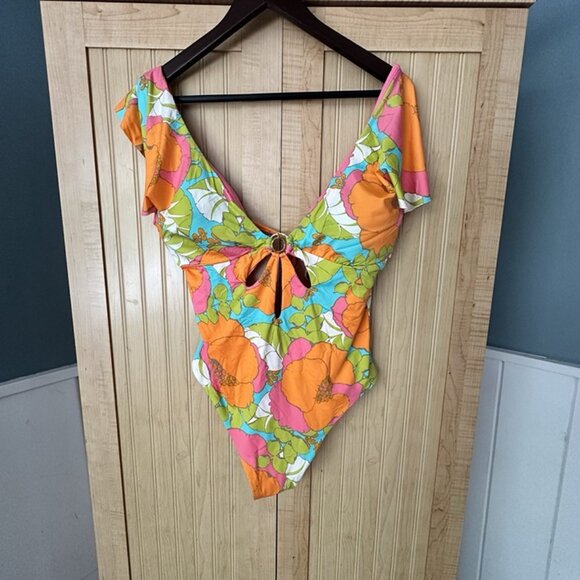 $162 NWT Trina Turk PLAYA DE FLOR PLUNGE MAILLOT Swimsuit Sz 14 Flutter Sl 1 Pc - Picture 8 of 8